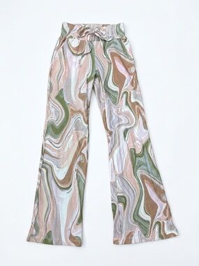 Beach Riot Hailey Marble Swirl Flare Pants Green Tan Cream Size XS Ribbed Knit